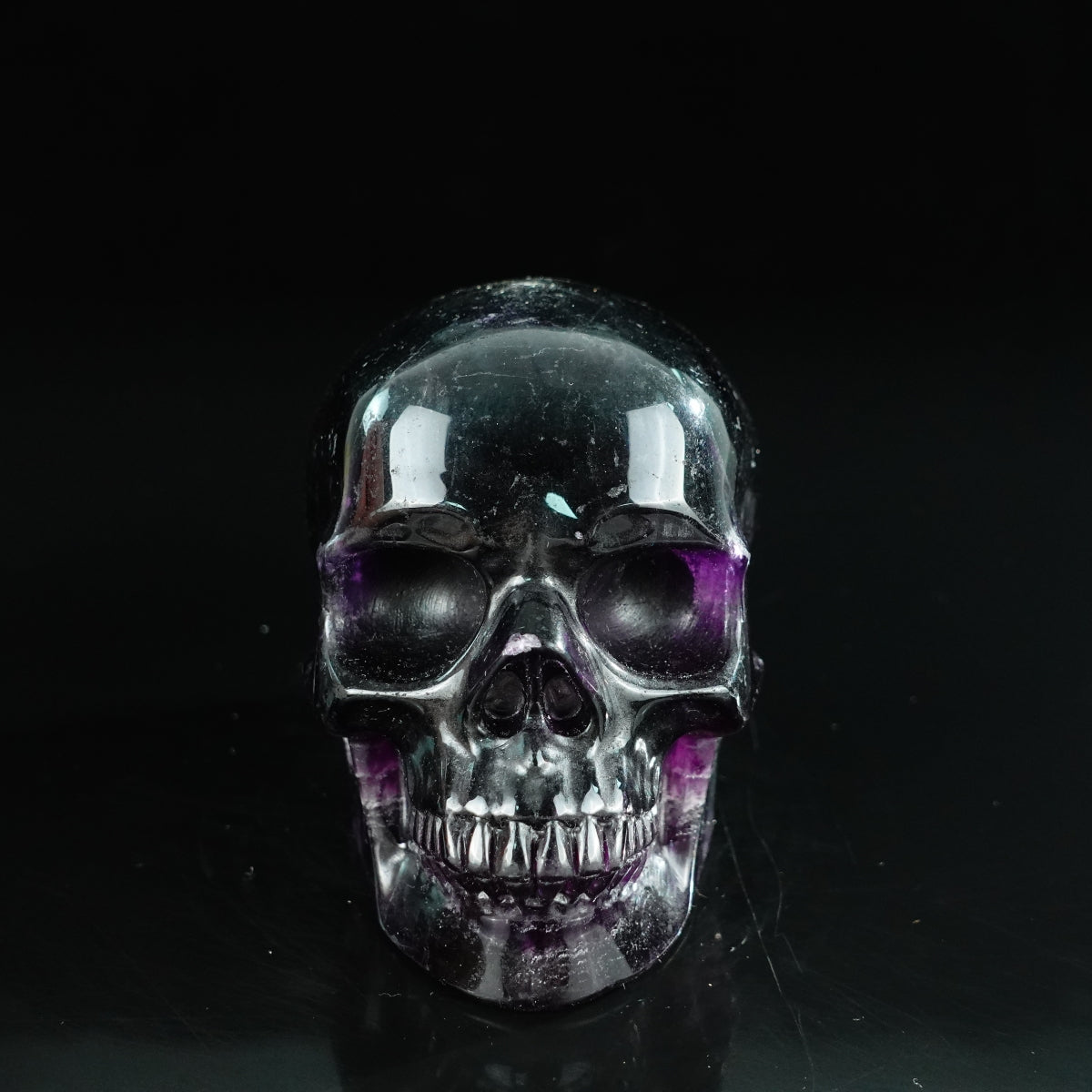 Kindred Vein 4.5" Rainbow Fluorite Hand Carved Crystal Realistic Skull Sculpture (SKU: SKH45GF03) - Photo 12