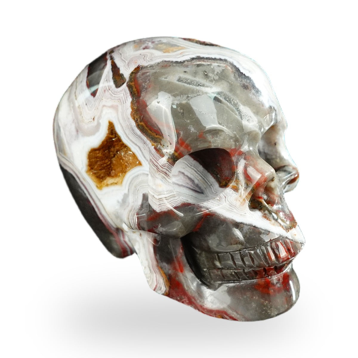 Kindred Vein 2.2" Red Crazy Lace Agate Hand Carved Crystal Realistic Skull Sculpture (SKU: SKH20RC04) - Photo 28