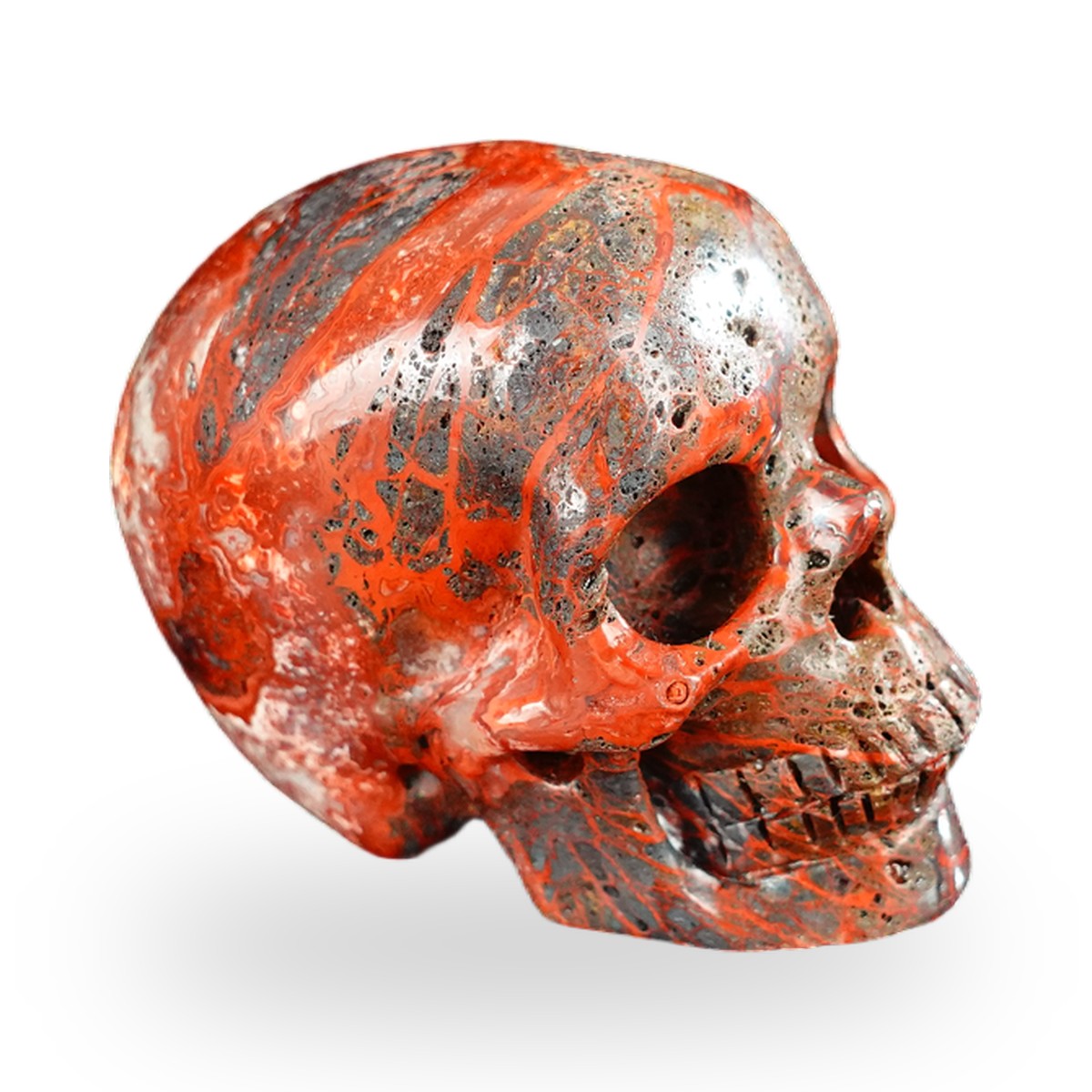 Kindred Vein 2.2" Red Crazy Lace Agate Hand Carved Crystal Realistic Skull Sculpture (SKU: SKH20RC05) - Photo 36