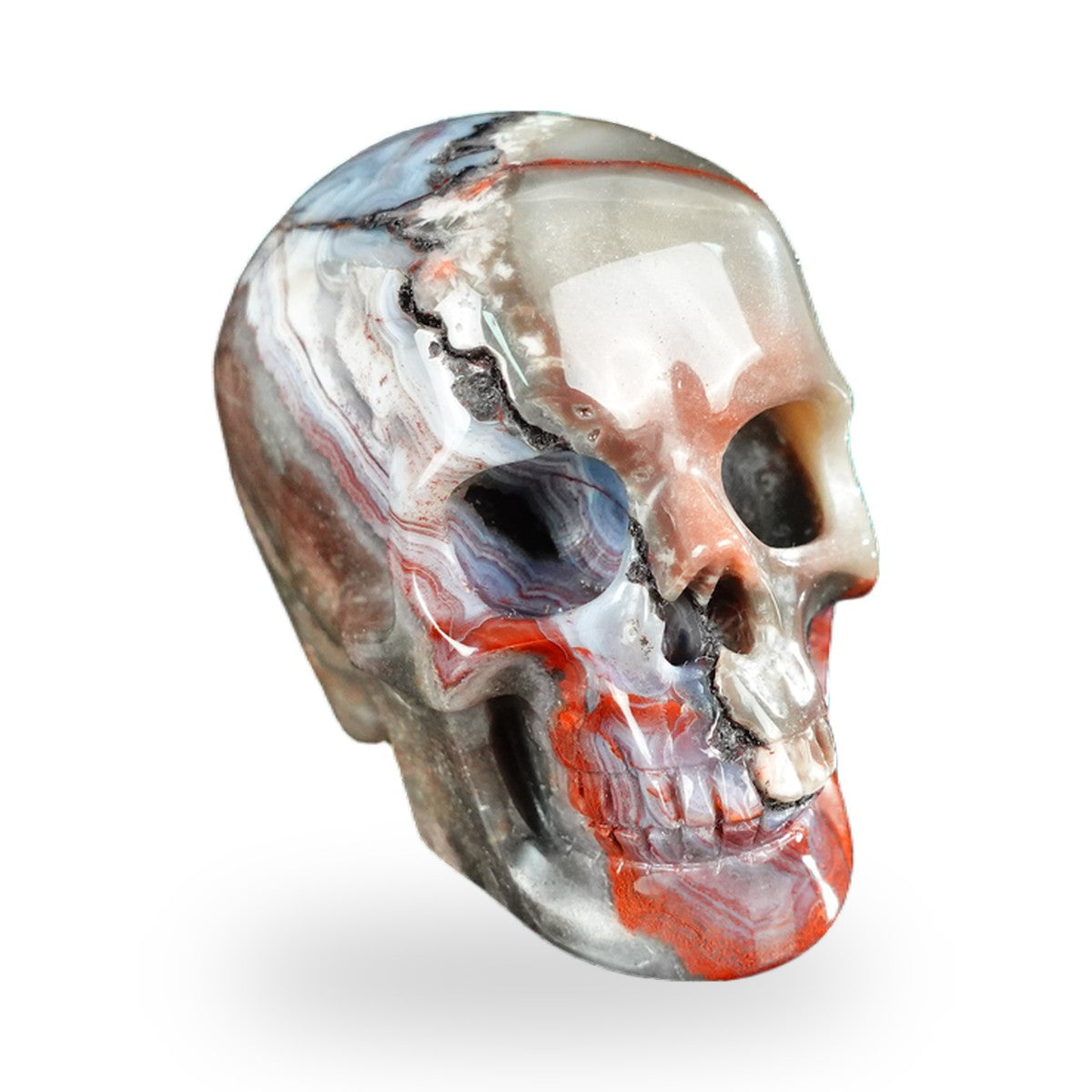 Kindred Vein 2.2" Red Crazy Lace Agate Hand Carved Crystal Realistic Skull Sculpture (SKU: SKH20RC08) - Photo 58