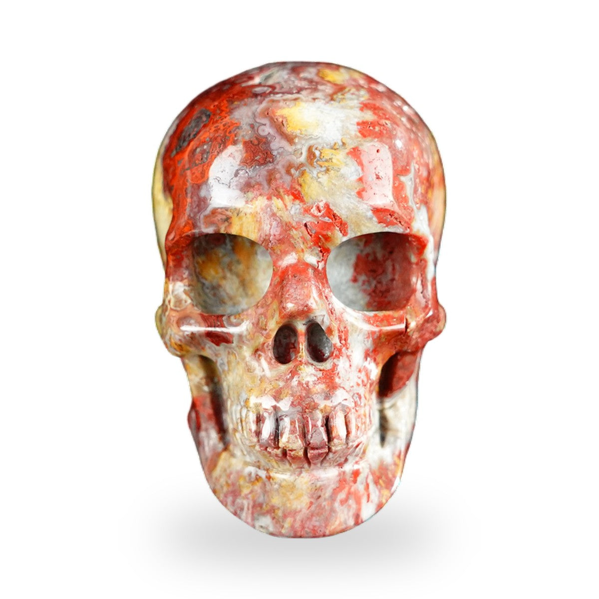 Kindred Vein 2.2" Red Crazy Lace Agate Hand Carved Crystal Realistic Skull Sculpture (SKU: SKH20RC09) - Photo 65