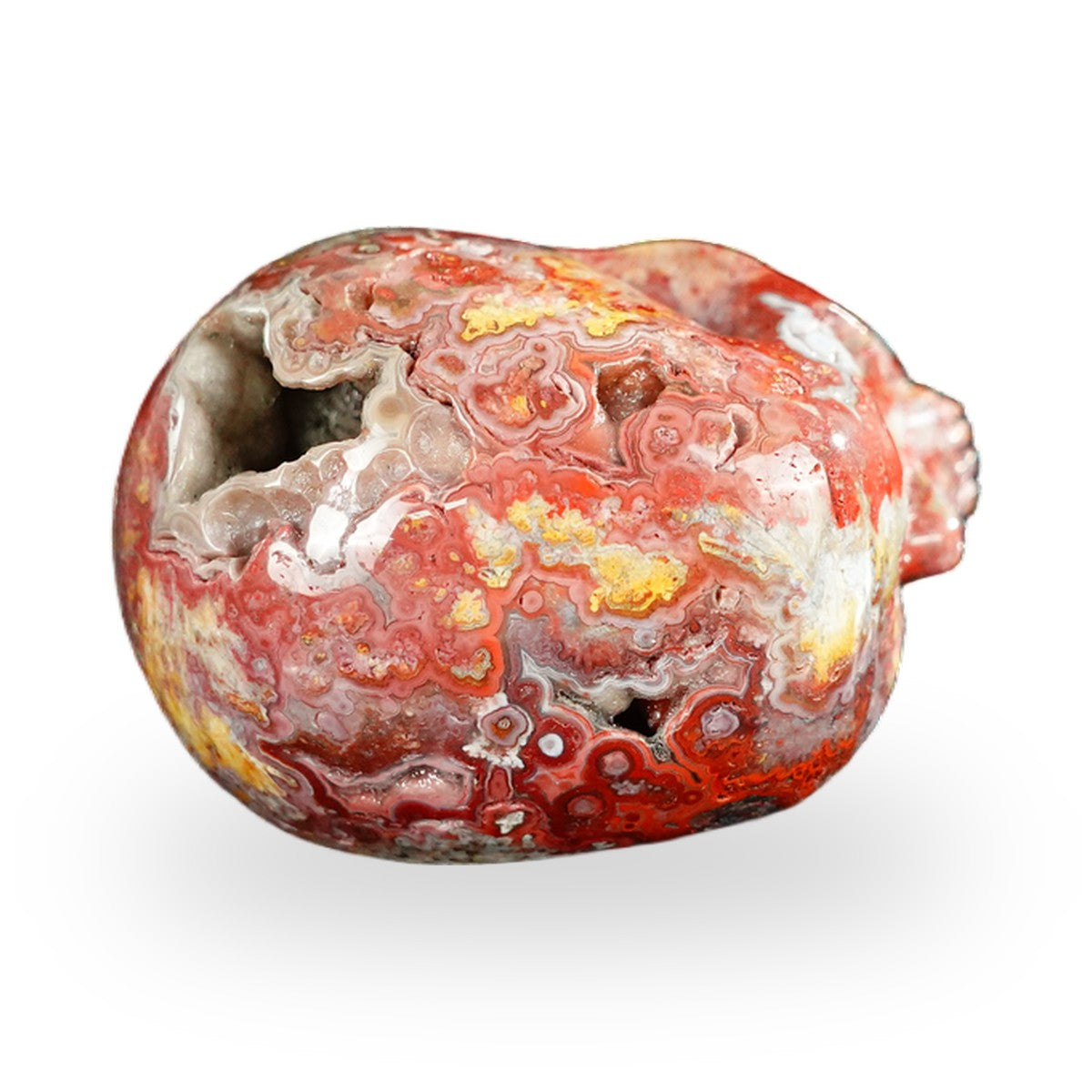 Kindred Vein 2.2" Red Crazy Lace Agate Hand Carved Crystal Realistic Skull Sculpture (SKU: SKH20RC09) - Photo 66