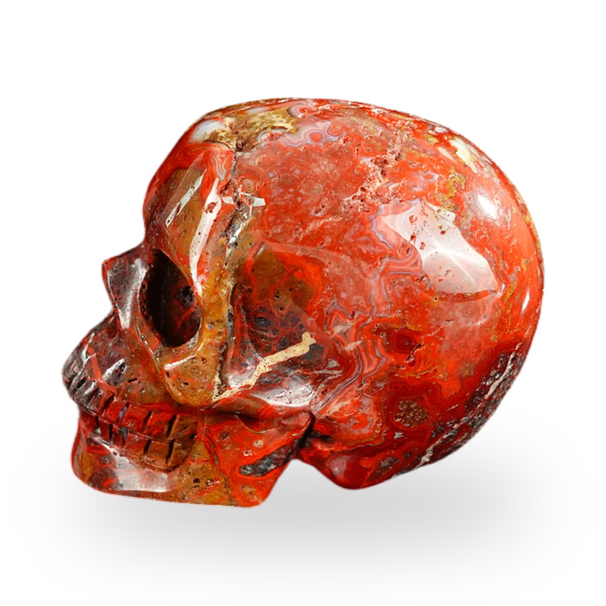 Kindred Vein 2.2" Red Crazy Lace Agate Hand Carved Crystal Realistic Skull Sculpture (SKU: SKH20RC11) - Photo 87